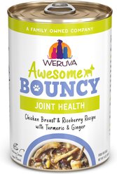 Weruva Awesome Bouncy, Chicken Breast & Riceberry Recipe with Turmeric & Ginger Adult Gluten-Free Shredded Canned Wet Dog Food, 14-oz can, case of 10