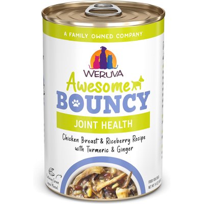 Weruva Weruva Awesome Bouncy, Chicken Breast & Riceberry Recipe with Turmeric & Ginger Adult Gluten-Free Shredded Canned Wet Dog Food, 14-oz can, case of 10