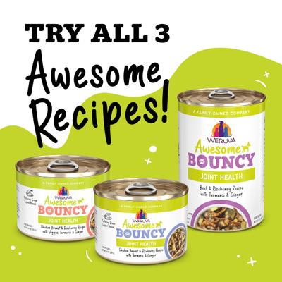 Show full view: Weruva Awesome Bouncy, Chicken Breast & Riceberry Recipe with Turmeric & Ginger Adult Gluten-Free Shredded Canned Wet Dog Food, 14-oz can, case of 10 slide 9 of 12