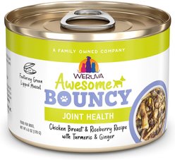 Weruva Awesome Bouncy, Chicken Breast & Riceberry Recipe with Turmeric & Ginger Adult Gluten-Free Shredded Canned Wet Dog Food, 6-oz can, case of 8