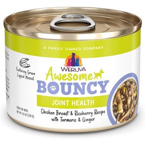 Weruva Awesome Bouncy, Chicken Breast & Riceberry Recipe with Turmeric & Ginger Adult Gluten-Free Shredded Canned Wet Dog Food, 6-oz can, case of 8