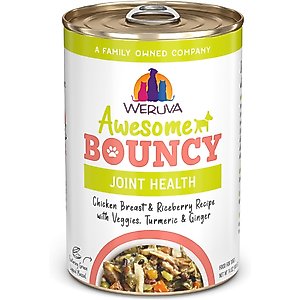 Weruva Awesome Bouncy, Chicken Breast & Riceberry Recipe with Veggies, Turmeric & Ginger Adult Gluten-Free Shredded Canned Wet Dog Food, 14-oz can, case of 10