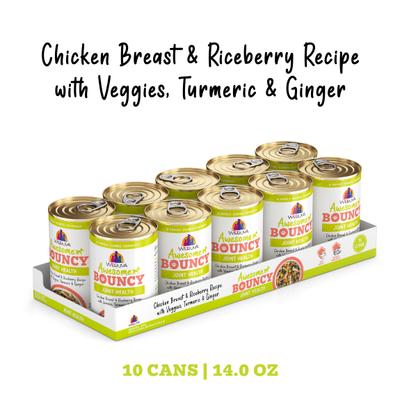 Show full view: Weruva Awesome Bouncy, Chicken Breast & Riceberry Recipe with Veggies, Turmeric & Ginger Adult Gluten-Free Shredded Canned Wet Dog Food, 14-oz can, case of 10 slide 3 of 12