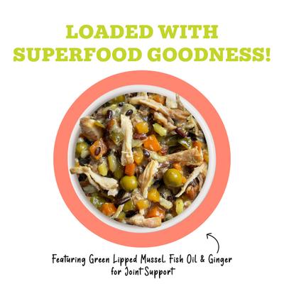 Show full view: Weruva Awesome Bouncy, Chicken Breast & Riceberry Recipe with Veggies, Turmeric & Ginger Adult Gluten-Free Shredded Canned Wet Dog Food, 14-oz can, case of 10 slide 4 of 12