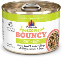Weruva Awesome Bouncy, Chicken Breast & Riceberry Recipe with Veggies, Turmeric & Ginger Adult Gluten-Free Shredded Canned Wet Dog Food, 6-oz can, case of 8