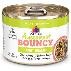 Weruva Awesome Bouncy, Chicken Breast & Riceberry Recipe with Veggies, Turmeric & Ginger Adult Gluten-Free Shredded Canned Wet Dog Food, 6-oz can, case of 8
