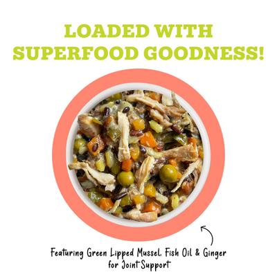 Show full view: Weruva Awesome Bouncy, Chicken Breast & Riceberry Recipe with Veggies, Turmeric & Ginger Adult Gluten-Free Shredded Canned Wet Dog Food, 6-oz can, case of 8 slide 4 of 12