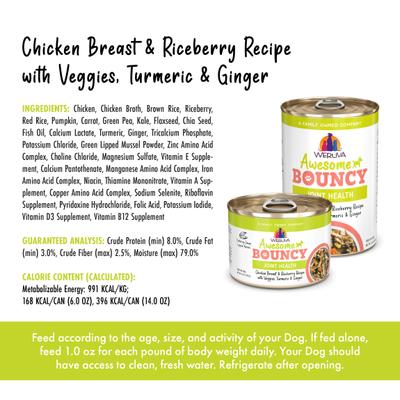Show full view: Weruva Awesome Bouncy, Chicken Breast & Riceberry Recipe with Veggies, Turmeric & Ginger Adult Gluten-Free Shredded Canned Wet Dog Food, 6-oz can, case of 8 slide 5 of 12