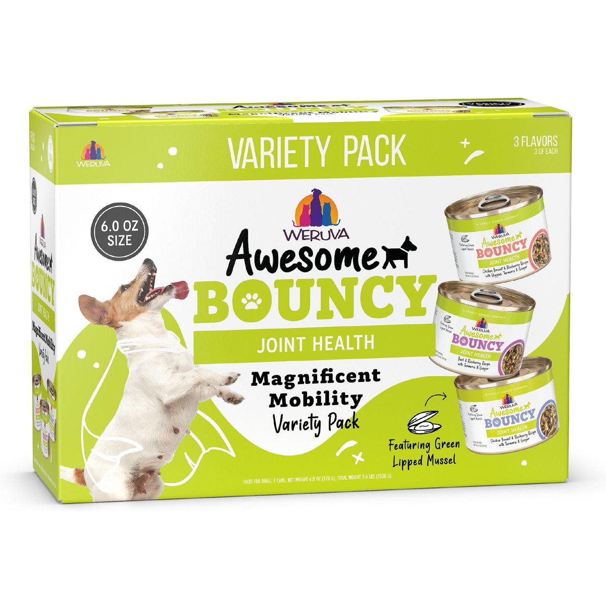 Weruva Awesome Bouncy Magnificent Mobility Variety Pack Adult Gluten-Free Chicken Shredded Canned Wet Dog Food, 6-oz can, case of 9