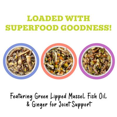 Show full view: Weruva Awesome Bouncy Magnificent Mobility Variety Pack Adult Gluten-Free Chicken Shredded Canned Wet Dog Food, 6-oz can, case of 9 slide 6 of 11