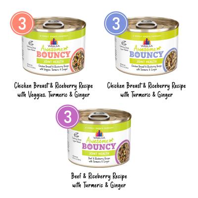 Show full view: Weruva Awesome Bouncy Magnificent Mobility Variety Pack Adult Gluten-Free Chicken Shredded Canned Wet Dog Food, 6-oz can, case of 9 slide 4 of 11