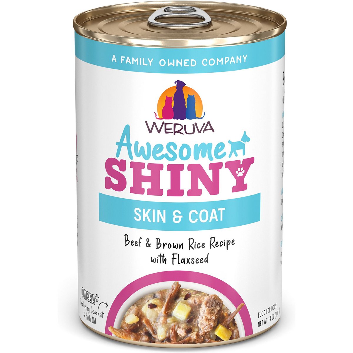 Weruva Awesome Shiny, Beef & Brown Rice Recipe with Flaxseed Adult Gluten-Free Shredded Canned Wet Dog Food, 14-oz can, case of 10