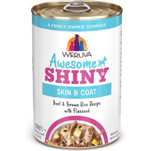 Weruva Awesome Shiny, Beef & Brown Rice Recipe with Flaxseed Adult Gluten-Free Shredded Canned Wet Dog Food, 14-oz can, case of 10