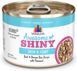 Weruva Awesome Shiny, Beef & Brown Rice Recipe with Flaxseed Adult Gluten-Free Shredded Canned Wet Dog Food, 6-oz can, case of 8