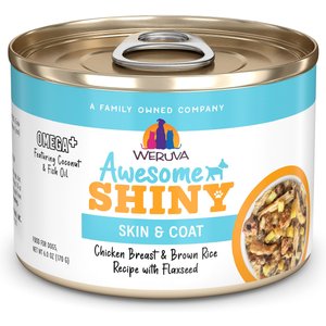 Weruva Awesome Shiny, Chicken Breast & Brown Rice Recipe with Flaxseed Adult Gluten-Free Shredded Canned Wet Dog Food, 6-oz can, case of 8