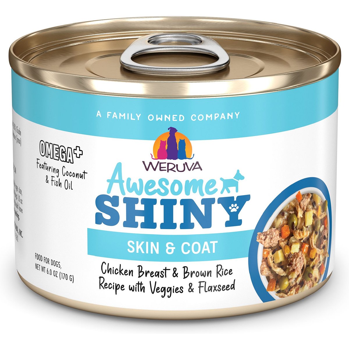 Weruva Awesome Shiny, Chicken Breast & Brown Rice Recipe with Veggies & Flaxseed Adult Gluten-Free Shredded Canned Wet Dog Food, 6-oz can, case of 8