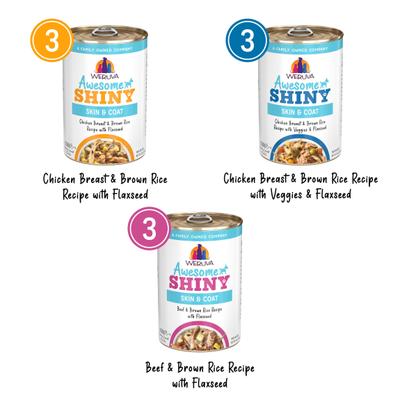 Show full view: Weruva Awesome Shiny Coat Crusader Variety Pack Adult Gluten-Free Chicken Shredded Canned Wet Dog Food, 14-oz can, case of 9 slide 4 of 11