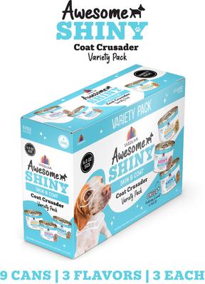 Show full view: Weruva Awesome Shiny Coat Crusader Variety Pack Adult Gluten-Free Chicken Shredded Canned Wet Dog Food, 6-oz can, case of 9 slide 3 of 11