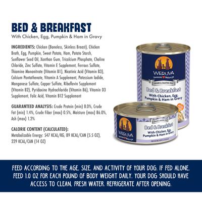 Show full view: Weruva Bed & Breakfast with Chicken, Egg, Pumpkin & Ham in Gravy Grain-Free Canned Dog Food, 14-oz, case of 12 slide 5 of 13