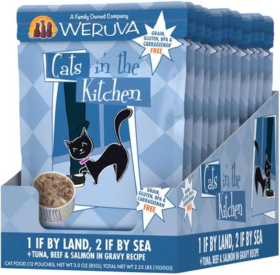 Show full view: Weruva Cats in the Kitchen 1 If By Land, 2 If By Sea Tuna, Beef & Salmon Recipe + Cats in the Kitchen Love Me Tender Chicken & Duck Recipe Cat Food Pouches slide 2 of 9