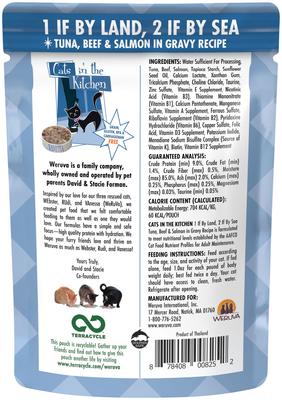 Show full view: Weruva Cats in the Kitchen 1 If By Land, 2 If By Sea Tuna, Beef & Salmon Recipe + Cats in the Kitchen Love Me Tender Chicken & Duck Recipe Cat Food Pouches slide 4 of 9