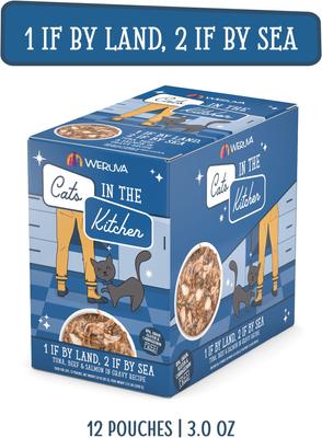 Show full view: Weruva Cats in the Kitchen 1 If By Land, 2 If By Sea Tuna, Beef & Salmon Recipe Grain-Free Cat Food Pouches, 3-oz pouch, case of 12 slide 4 of 13
