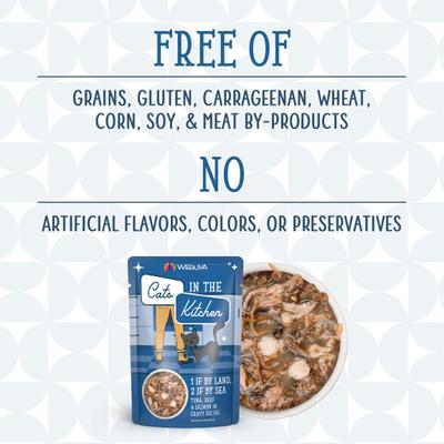Show full view: Weruva Cats in the Kitchen 1 If By Land, 2 If By Sea Tuna, Beef & Salmon Recipe Grain-Free Cat Food Pouches, 3-oz pouch, case of 12 slide 7 of 13
