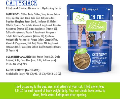Show full view: Weruva Cats in the Kitchen Cattyshack with Chicken & Shrimp Pate Grain-Free Cat Food Pouches, 3-oz pouch, case of 12 slide 5 of 13