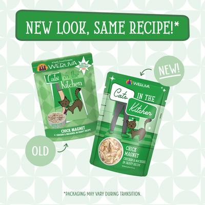 Show full view: Weruva Cats in the Kitchen Chick Magnet Chicken & Mackerel Recipe Grain-Free Cat Food Pouches, 3-oz pouch, case of 12 slide 3 of 13