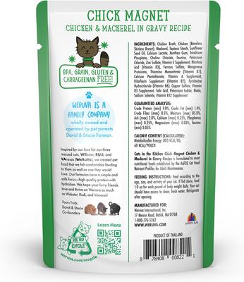 Show full view: Weruva Cats in the Kitchen Chick Magnet Chicken & Mackerel Recipe Grain-Free Cat Food Pouches, 3-oz pouch, case of 12 slide 5 of 13