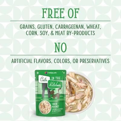 Show full view: Weruva Cats in the Kitchen Chick Magnet Chicken & Mackerel Recipe Grain-Free Cat Food Pouches, 3-oz pouch, case of 12 slide 7 of 13