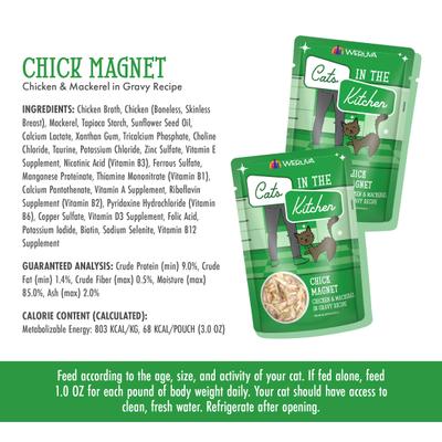 Show full view: Weruva Cats in the Kitchen Chick Magnet Chicken & Mackerel Recipe Grain-Free Cat Food Pouches, 3-oz pouch, case of 12 slide 10 of 13