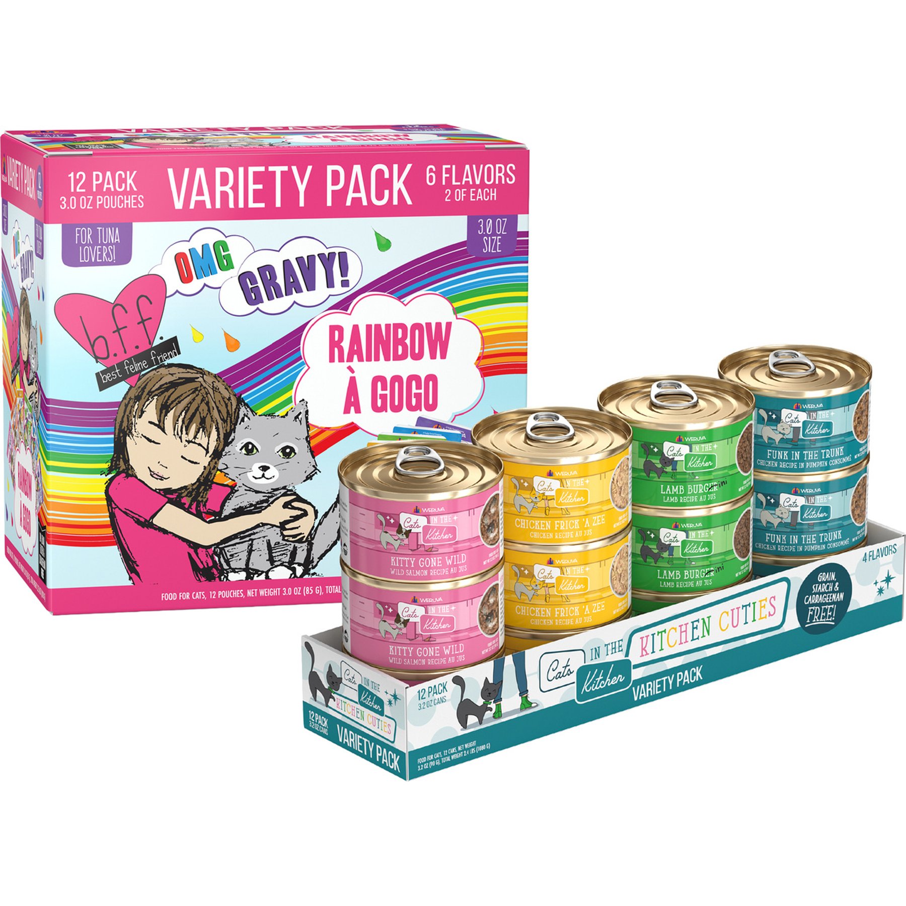 Weruva Cats in the Kitchen Cuties Variety Pack + BFF Rainbow A Gogo Variety Pack Wet Cat Food Pouches