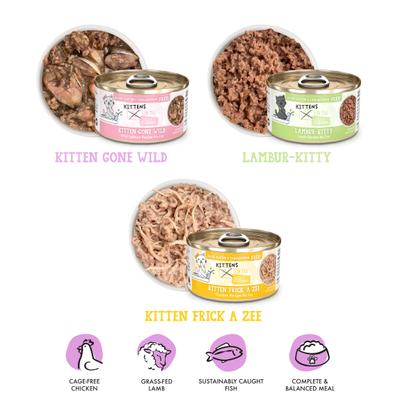 Show full view: Weruva Cats in the Kitchen for Kittens Kitten Zoomies Variety Pack Grain-Free Wet Cat Food, 3-oz can, case of 12 slide 4 of 13