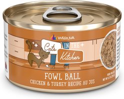 Weruva Cats in the Kitchen Fowl Ball Chicken & Turkey Au Jus Grain-Free Canned Cat Food, 6-oz, case of 24