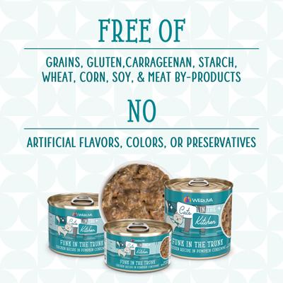 Show full view: Weruva Cats in the Kitchen Funk In The Trunk Chicken in Pumpkin Consomme Grain-Free Canned Cat Food, 3.2-oz, case of 24 slide 6 of 13