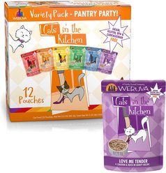 Weruva Cats in the Kitchen Love Me Tender Chicken & Duck Recipe Grain-Free Cat Food Pouches, 3-oz pouch, case of 12 + Weruva Cats in the Kitchen Variety Pack Grain-Free Cat Food Pouches, 3-oz, case of 12