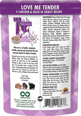 Show full view: Weruva Cats in the Kitchen Love Me Tender Chicken & Duck Recipe Grain-Free Cat Food Pouches, 3-oz pouch, case of 12 + Weruva Cats in the Kitchen Variety Pack Grain-Free Cat Food Pouches, 3-oz, case of 12 slide 3 of 7