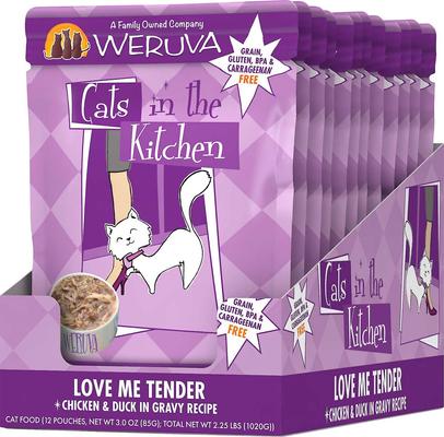 Show full view: Weruva Cats in the Kitchen Love Me Tender Chicken & Duck Recipe Grain-Free Cat Food Pouches, 3-oz pouch, case of 12 + Weruva Cats in the Kitchen Variety Pack Grain-Free Cat Food Pouches, 3-oz, case of 12 slide 4 of 7
