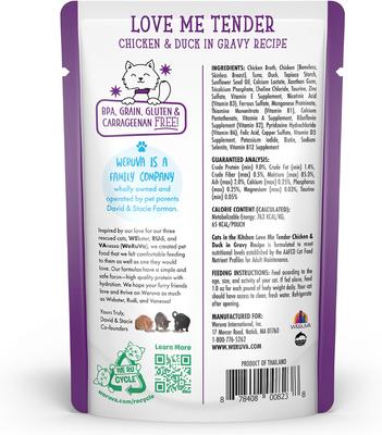 Show full view: Weruva Cats in the Kitchen Love Me Tender Chicken & Duck Recipe Grain-Free Cat Food Pouches, 3-oz pouch, case of 12 slide 4 of 13