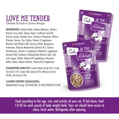 Show full view: Weruva Cats in the Kitchen Love Me Tender Chicken & Duck Recipe Grain-Free Cat Food Pouches, 3-oz pouch, case of 12 slide 8 of 13