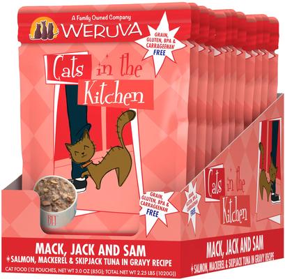 Show full view: Weruva Cats in the Kitchen Mack, Jack & Sam Salmon, Mackerel & Tuna Recipe + BFF Tuna & Salmon Sweet Cheeks Dinner in Gravy Wet Cat Food Pouches slide 2 of 9