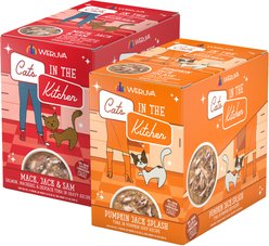 Weruva Cats in the Kitchen Mack, Jack & Sam Salmon, Mackerel & Tuna Recipe + Cats in the Kitchen Pumpkin Jack Splash Tuna in Pumpkin Soup Cat Food Pouches