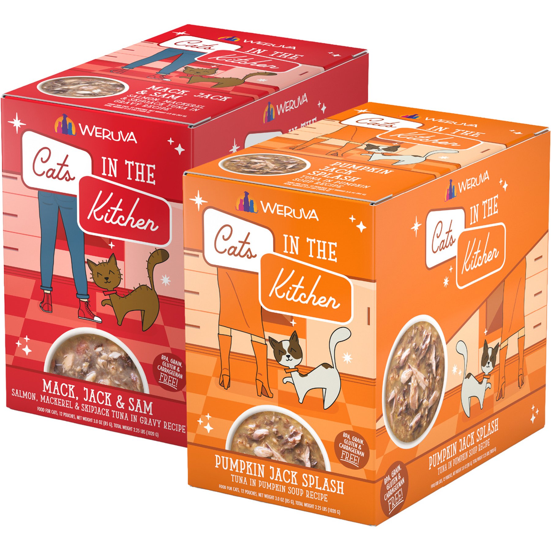 Weruva Cats in the Kitchen Mack, Jack & Sam Salmon, Mackerel & Tuna Recipe + Cats in the Kitchen Pumpkin Jack Splash Tuna in Pumpkin Soup Cat Food Pouches