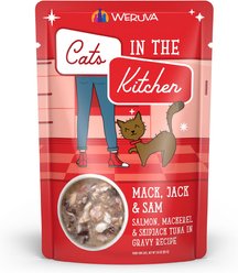 Weruva Cats in the Kitchen Mack, Jack & Sam Salmon, Mackerel & Tuna Recipe Grain-Free Cat Food Pouches, 3-oz pouch, case of 12
