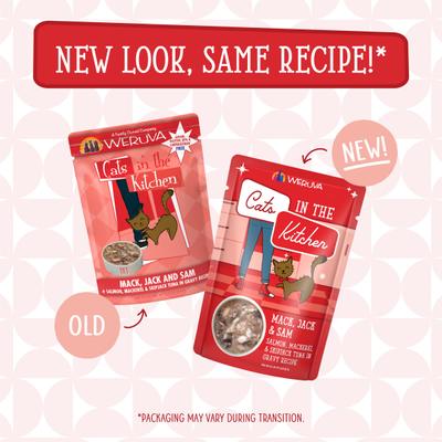 Show full view: Weruva Cats in the Kitchen Mack, Jack & Sam Salmon, Mackerel & Tuna Recipe Grain-Free Cat Food Pouches, 3-oz pouch, case of 12 slide 3 of 13