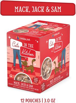 Show full view: Weruva Cats in the Kitchen Mack, Jack & Sam Salmon, Mackerel & Tuna Recipe Grain-Free Cat Food Pouches, 3-oz pouch, case of 12 slide 4 of 13