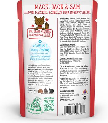 Show full view: Weruva Cats in the Kitchen Mack, Jack & Sam Salmon, Mackerel & Tuna Recipe Grain-Free Cat Food Pouches, 3-oz pouch, case of 12 slide 5 of 13