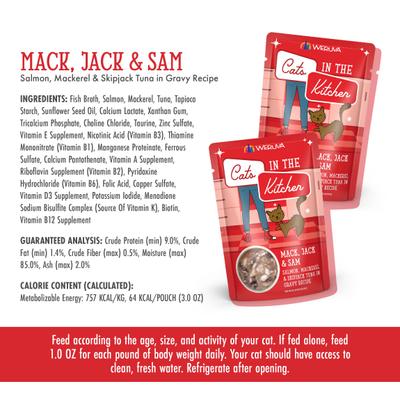 Show full view: Weruva Cats in the Kitchen Mack, Jack & Sam Salmon, Mackerel & Tuna Recipe Grain-Free Cat Food Pouches, 3-oz pouch, case of 12 slide 10 of 13