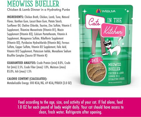 Show full view: Weruva Cats in the Kitchen Meowiss Bueller with Chicken & Lamb Grain-Free Cat Food Pouches, 3-oz pouch, case of 12 slide 5 of 13